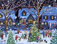 Decorating for Christmas  Published by the Vermont Christmas Company -  Christmas Cheer : Wollenmann, jigsaw puzzle, Advent Calendar, Christmas, Christmas tree, winter, landscape, snow, snowing, lights, decorate, people, children, dog, snowman, carolers, singing, snowball fight, house, night, town, street, park